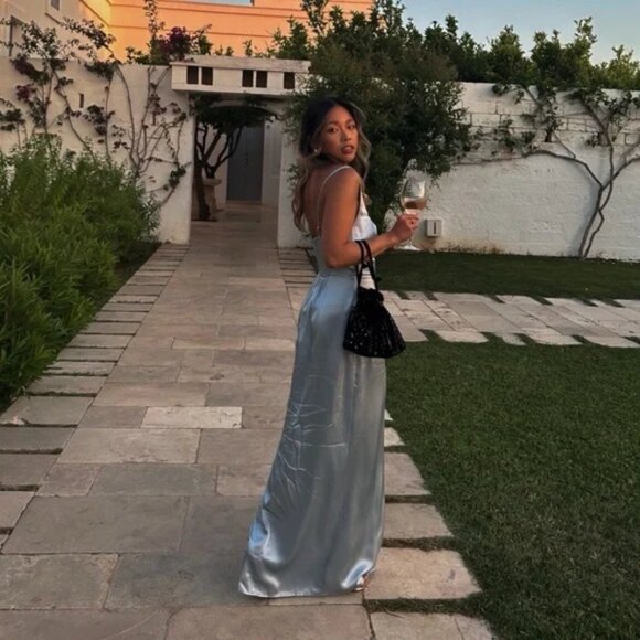 Reformation | NWT 100% Silk Solay Maxi Slit Sleeveless‎ Dress in Mineral Blue - Picture 4 of 12